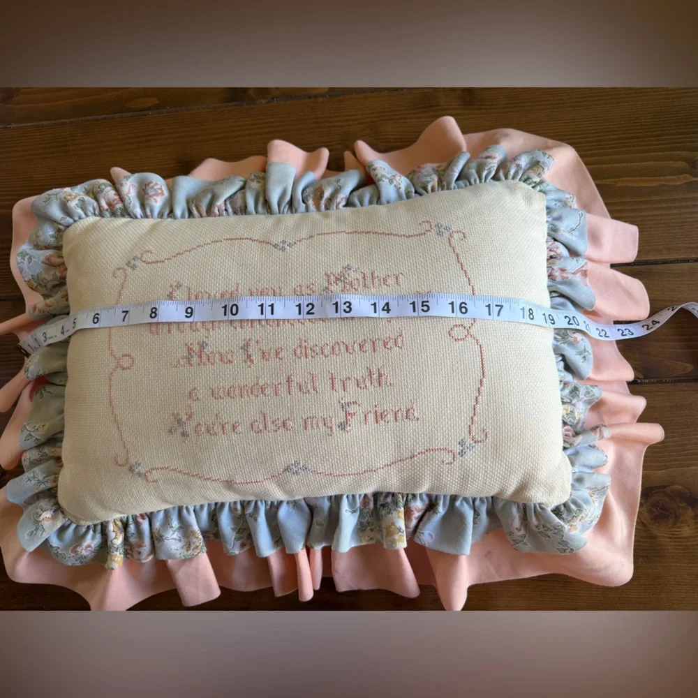 Vintage Cross Stitch Mother Sentiment Ruffle Pillow Grandmacore Cottagecore
